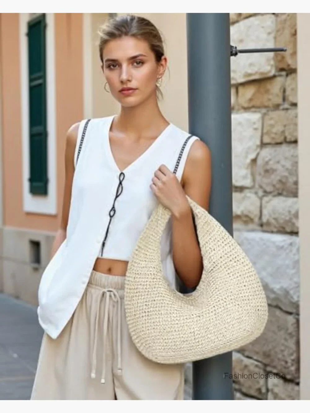 Handwoven Crescent Straw Hobo Bag with Top Zip - Picture 3 of 7